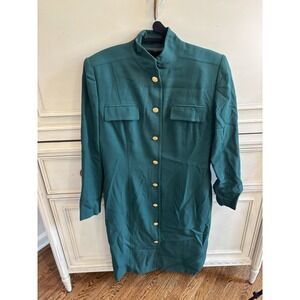 Vintage Linda Allard Ellen Tracy Green Gold‎ Button Front Elegant Wool Dress 10